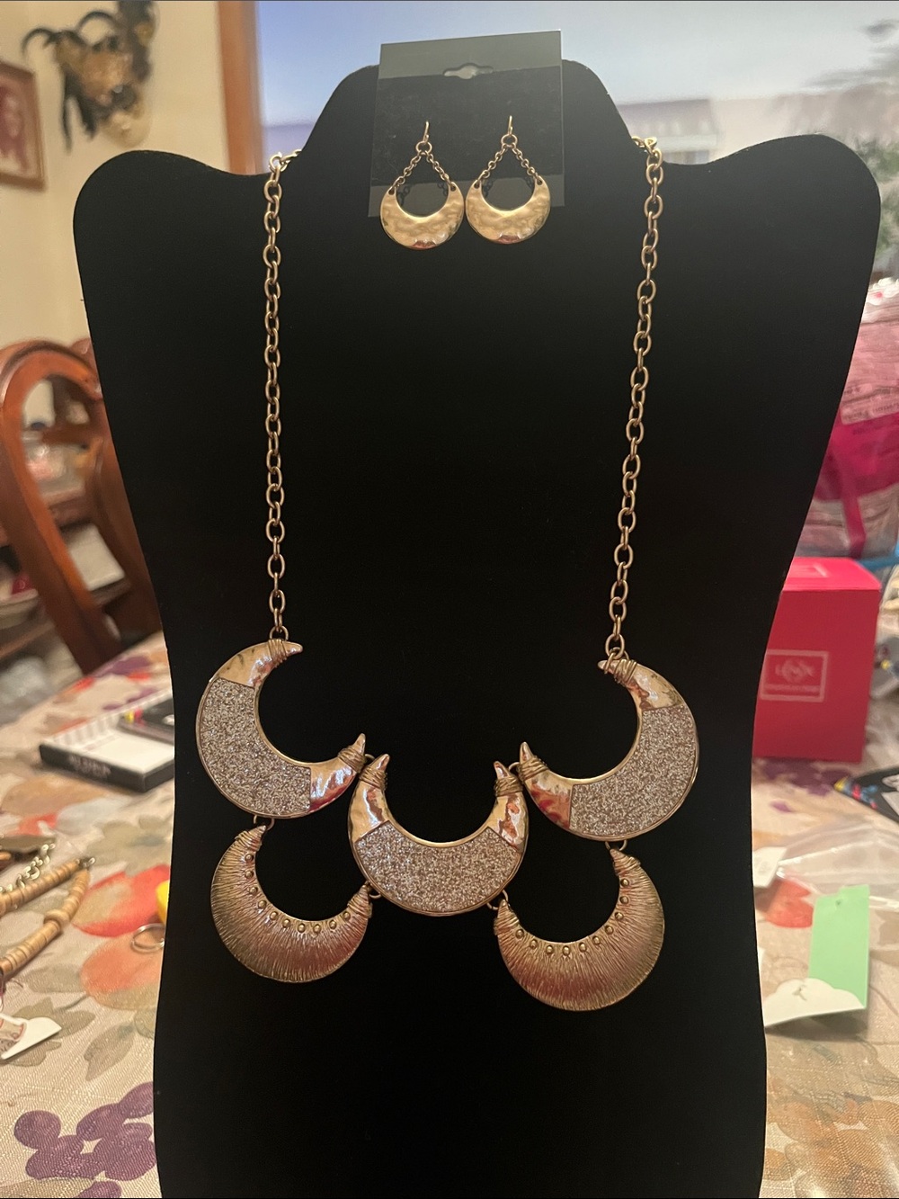 Gold-Tone Crescent Statement Necklace and Earrings Set
